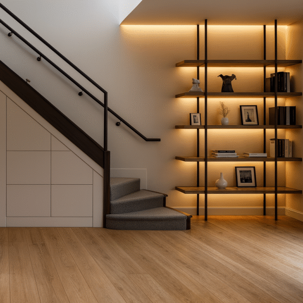 Modern under stairs storage with five drawers beside illuminated shelving – bespoke fitted furniture by Pro Spaces