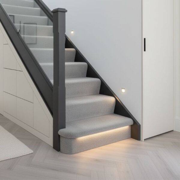 Modern under stairs storage with five drawers and integrated step lighting – bespoke hallway furniture by Pro Spaces
