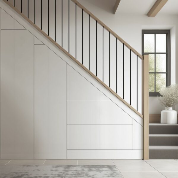 Bespoke under stairs storage unit with five drawers and two cupboards – modern fitted furniture by Pro Spaces