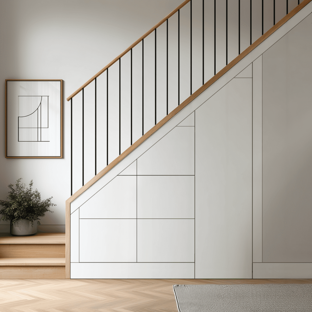 Small space under stairs storage with five drawers and one tall cupboard – bespoke fitted solution by Pro Spaces