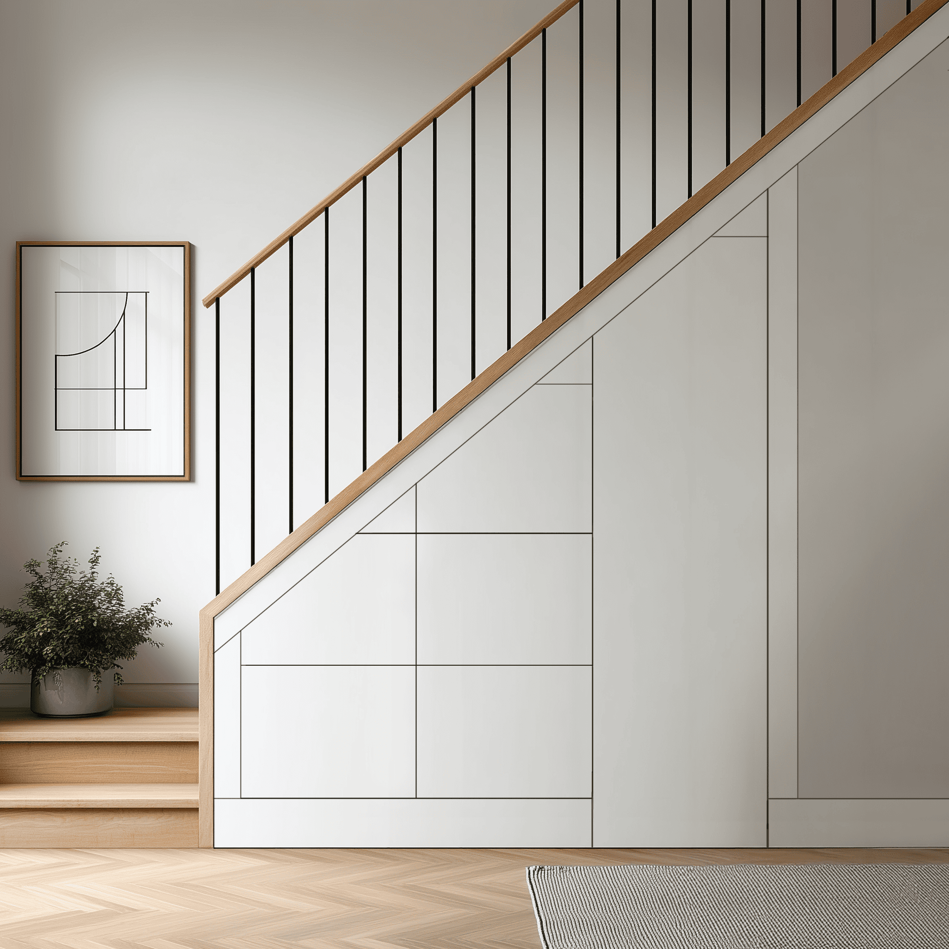 Small space under stairs storage with five drawers and one tall cupboard – bespoke fitted solution by Pro Spaces