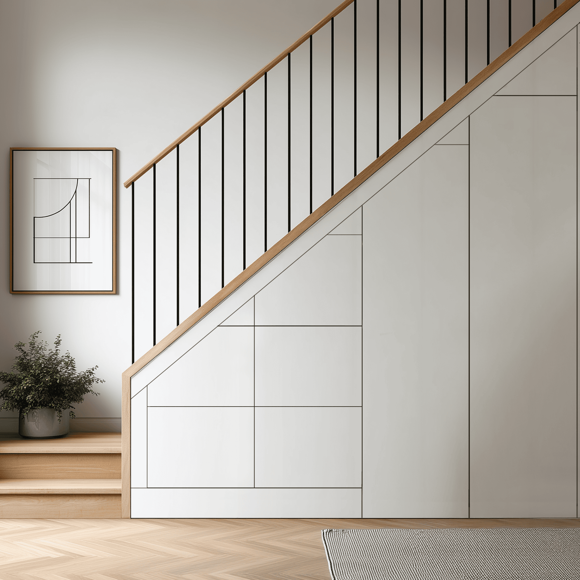 Handcrafted under stairs storage with five drawers and two tall cupboards – fitted hallway furniture by Pro Spaces