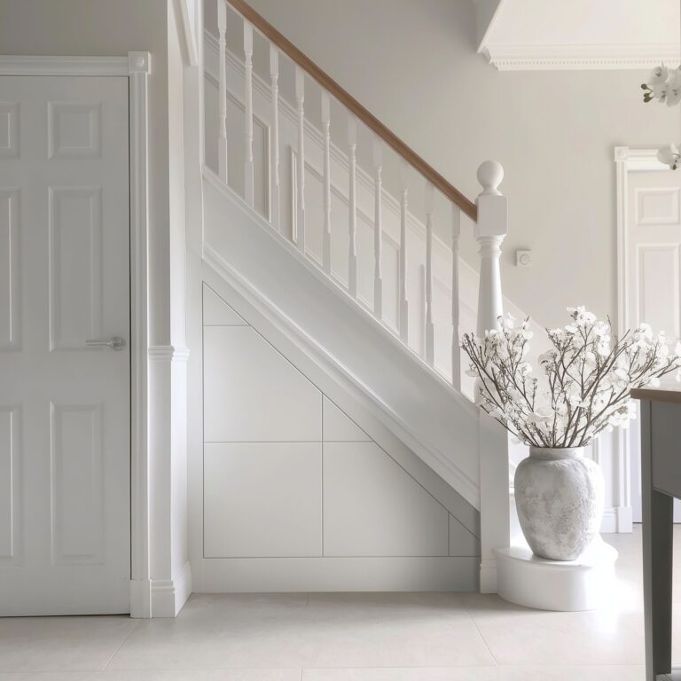 Design visualisation of white under-stairs drawers in a pale hallway with a white staircase and a vase of flowers.