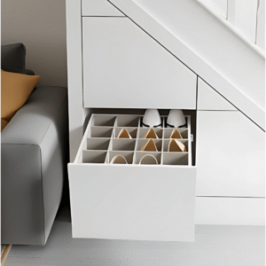 Under stairs storage drawer with built-in shoe organiser compartments