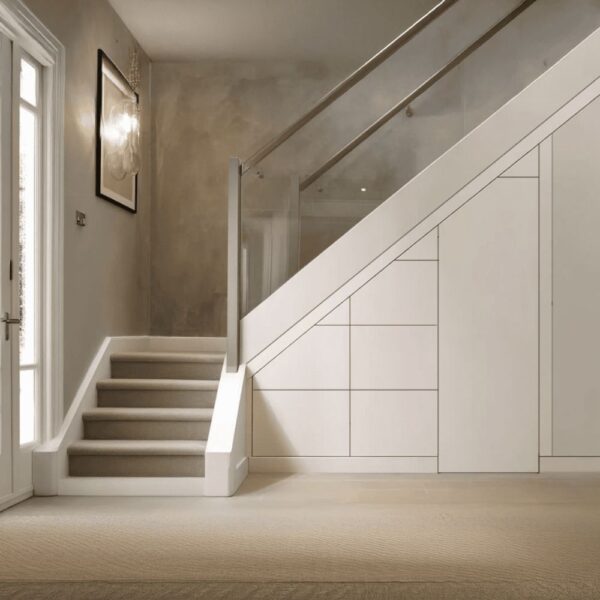 Bespoke under stairs storage unit with three drawers and a cupboard in a luxury hallway.