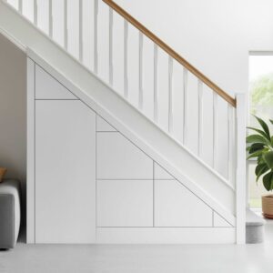 Bespoke under stairs storage with three drawers and a tall cupboard in a modern hallway.