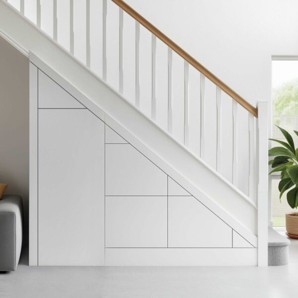 Bespoke under stairs storage with three drawers and a tall cupboard in a modern hallway.