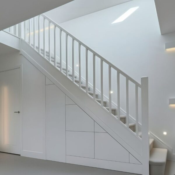 Bespoke under stairs storage with three drawers and cupboard, built into a bright modern hallway.