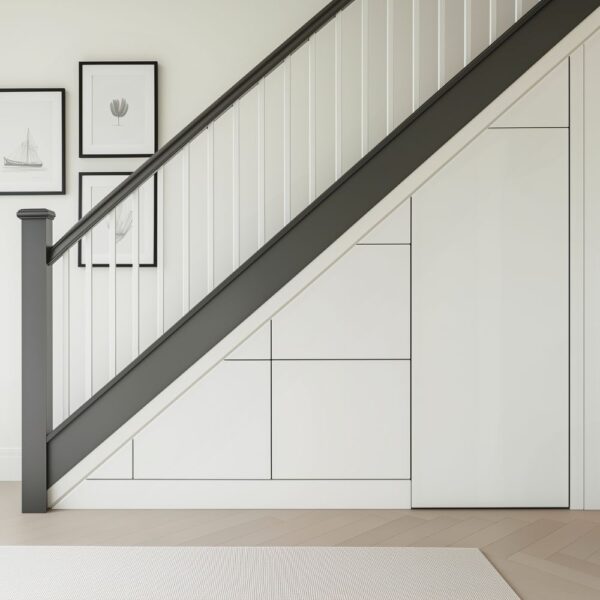 Modern under stairs storage unit with three drawers and cupboard – custom built by Pro Spaces to maximise hallway storage.