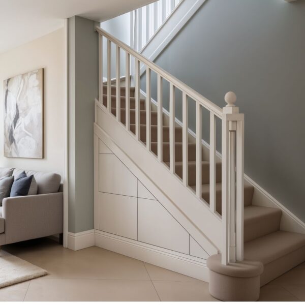 Custom under stairs storage unit with three drawers in a modern hallway.