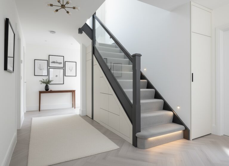 Design visualisation of under-stairs storage beneath a dark stair rail, with warm lighting along the stair treads.