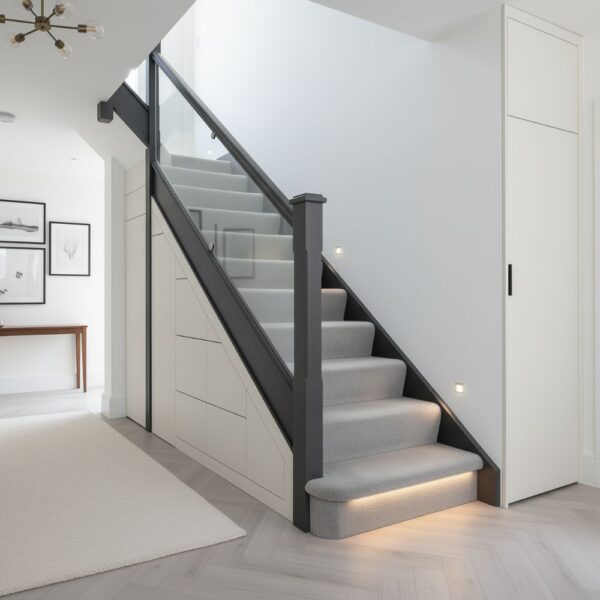 Bespoke under stairs storage with five drawers and one tall cupboard – modern hallway solution by Pro Spaces