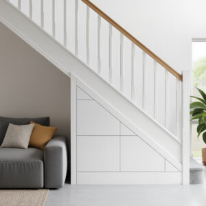 Built-in under stairs storage drawers in a bright family hallway – bespoke fitted furniture by Pro Spaces