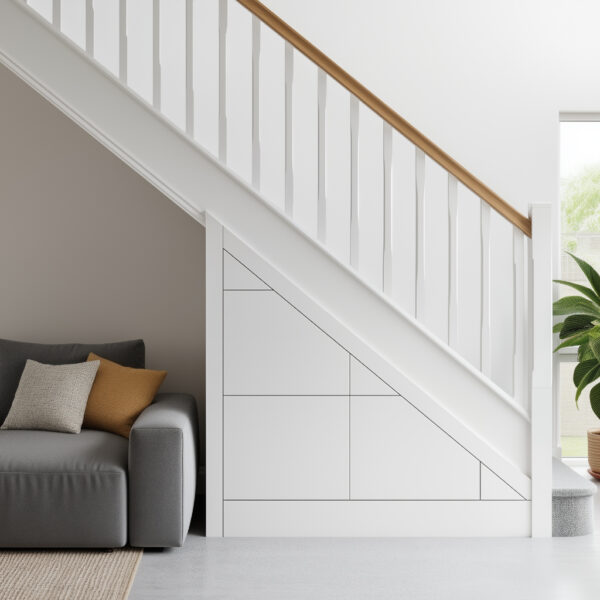 Built-in under stairs storage drawers in a bright family hallway – bespoke fitted furniture by Pro Spaces