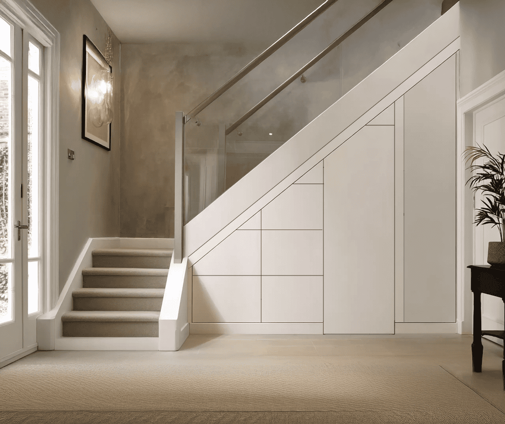 Modern under stairs storage drawers and cupboards with glass balustrade – bespoke hallway solution by Pro Spaces