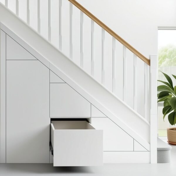 Under stairs storage drawer pulled open