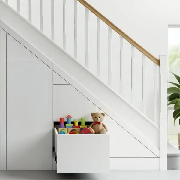 Under-stairs storage drawer open with toys and teddy bear