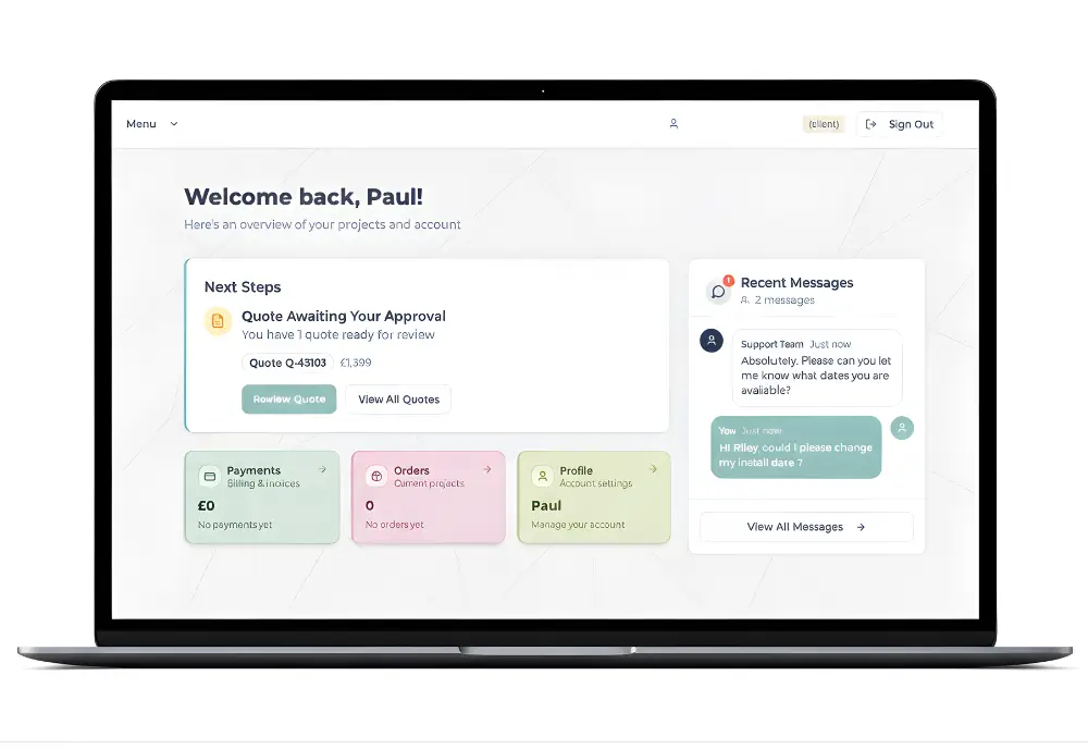 Customer portal dashboard showing quote approval status, messages, and account overview on Pro Spaces platform