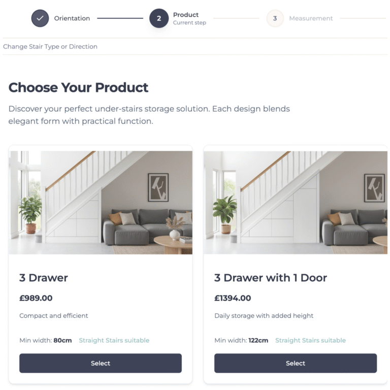Pro Spaces under stairs storage product selection screen showing fitted layout options and finishes