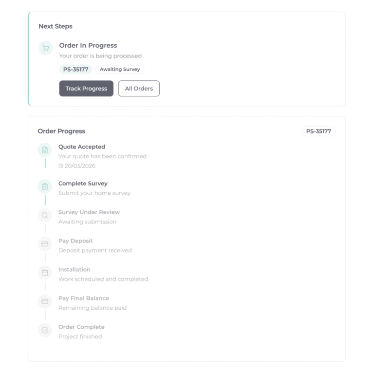 Pro Spaces customer portal showing quote, order, and project updates for fitted under stairs storage customers