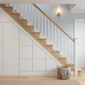 6 drawer 1 cupboard under stairs storage in smooth matt white, bespoke fitted handleless cabinetry in a modern UK hallway