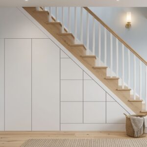 6 drawer 2 cupboard under stairs storage in smooth matt white, bespoke fitted handleless cabinetry in a modern UK hallway