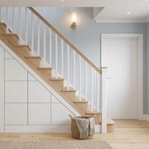 6 drawer under stairs storage in smooth matt white, bespoke fitted handleless cabinetry in a modern UK hallway