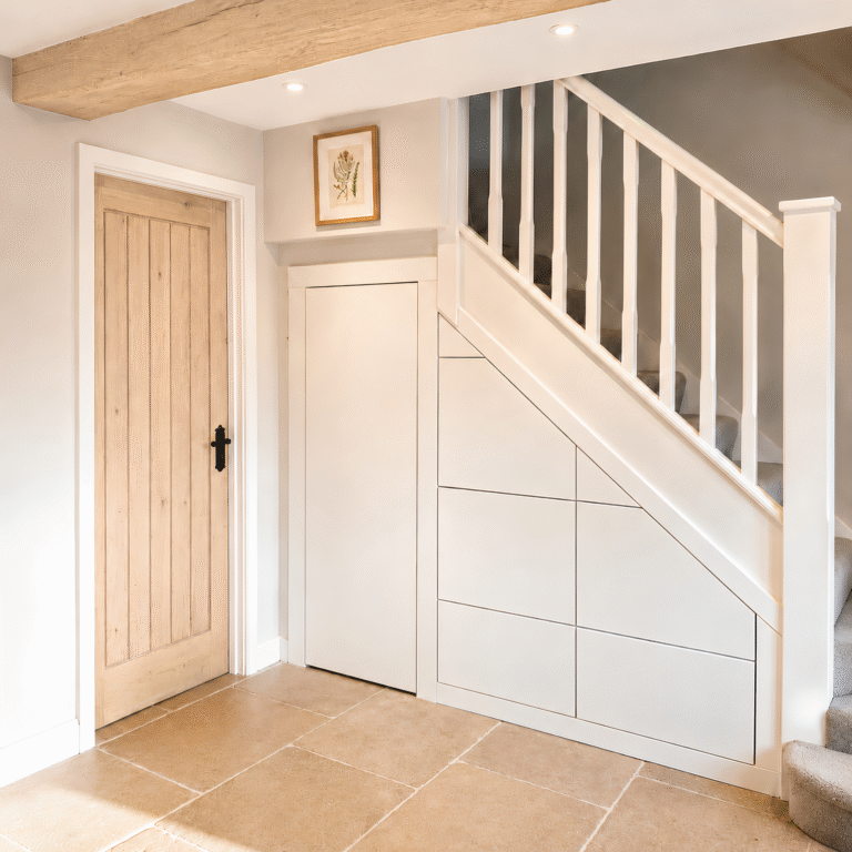 Design visualisation of white fitted under-stairs storage beside a timber door, with tiled flooring and warm lighting.