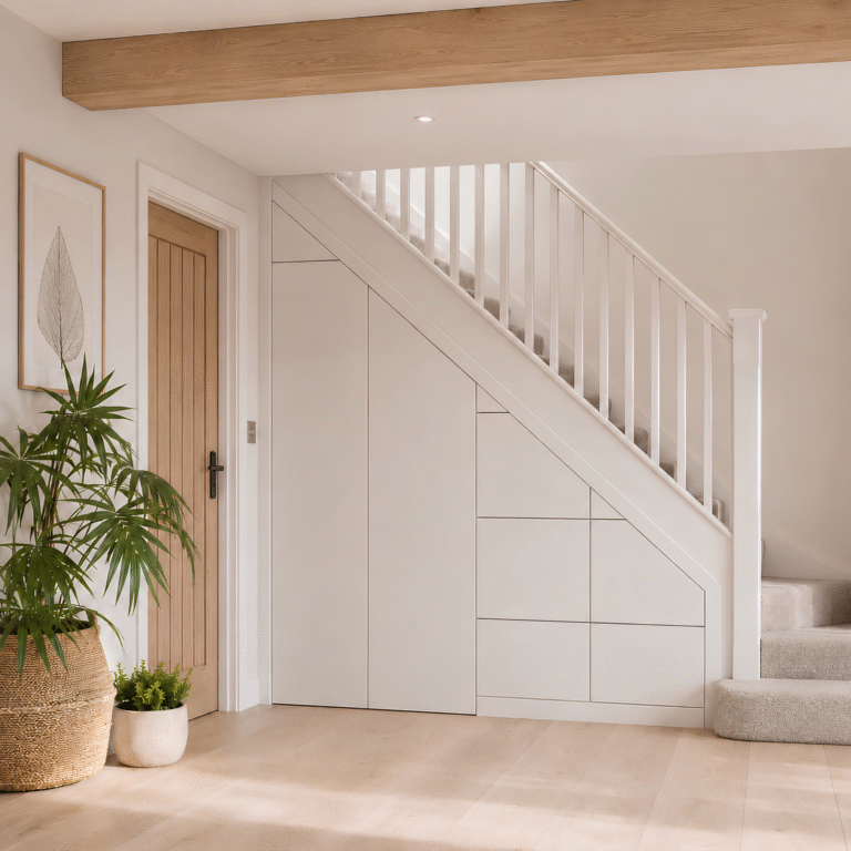 Design visualisation of white under-stairs drawers and tall cupboard doors in a hallway with timber ceiling beams.