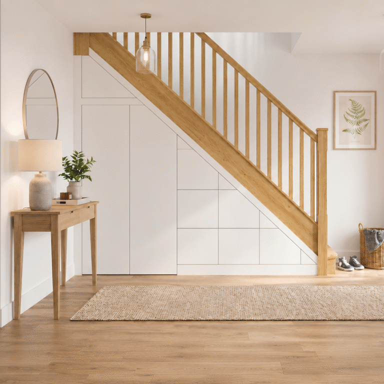 Design visualisation of white under-stairs drawers and two tall cupboard doors beneath an oak staircase, with a console table and woven rug.