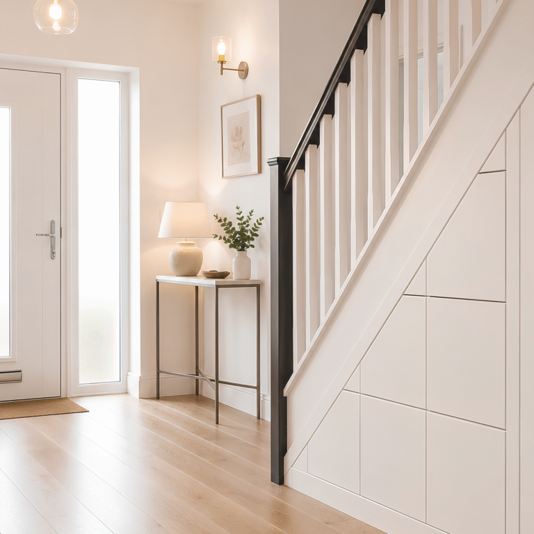 Design visualisation of white under-stairs storage below a staircase with a dark handrail.