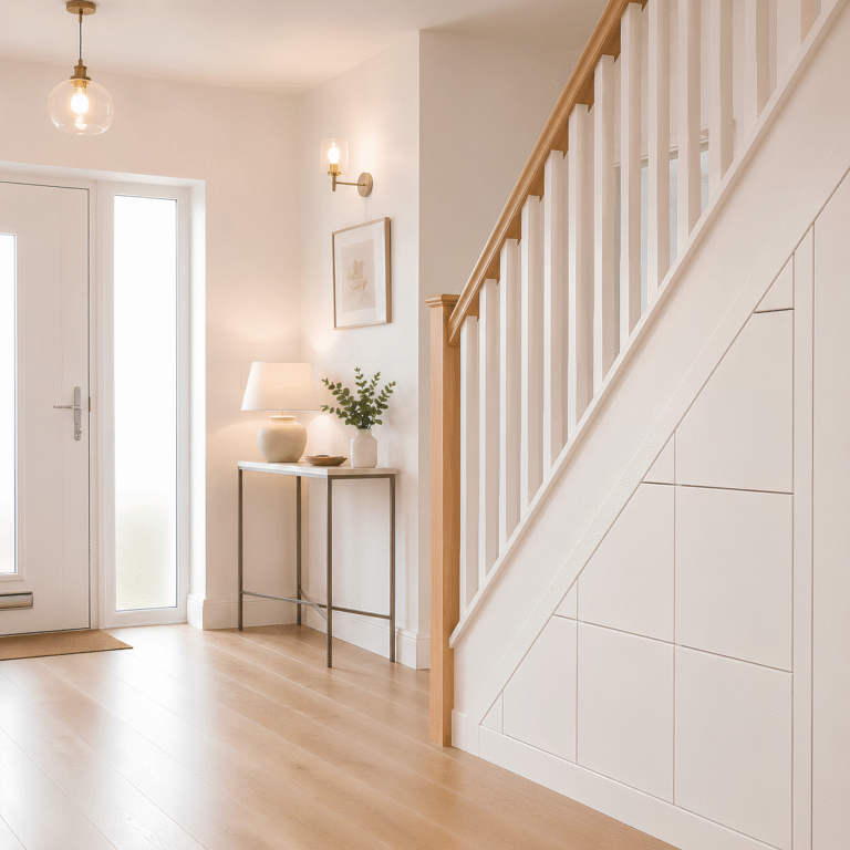 Design visualisation of white under-stairs storage beneath an oak handrail in a light neutral hallway.