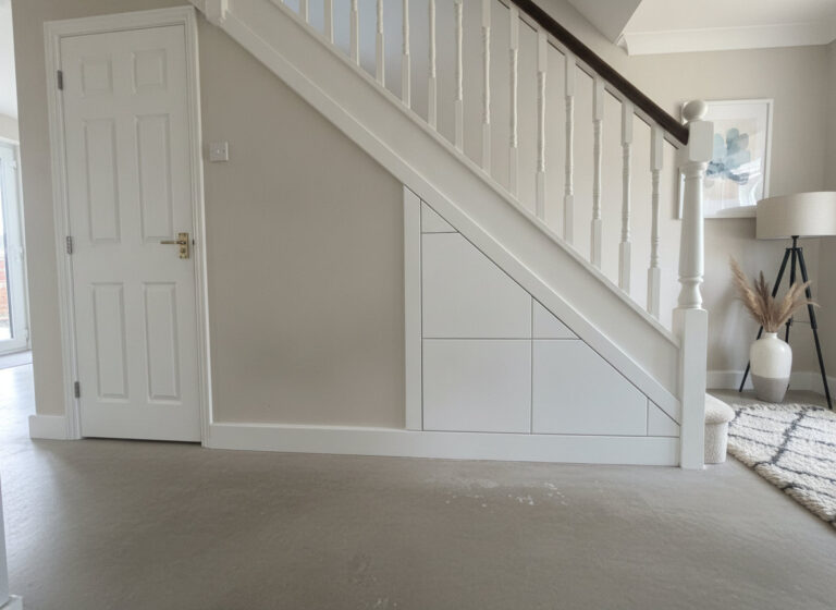 Design visualisation of white handleless storage fronts following the slope of a staircase.