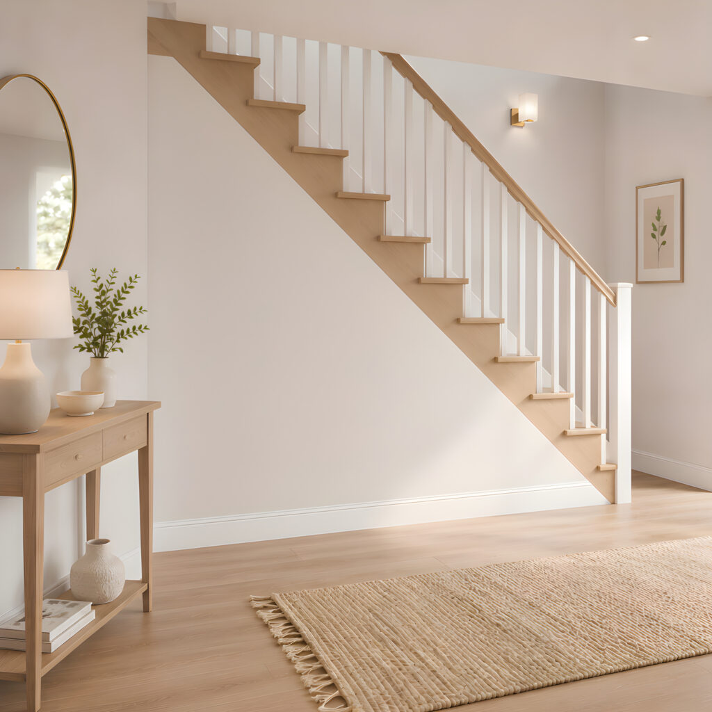 Illustration of an unused under-stairs wall in a warm oak hallway, before fitted storage.