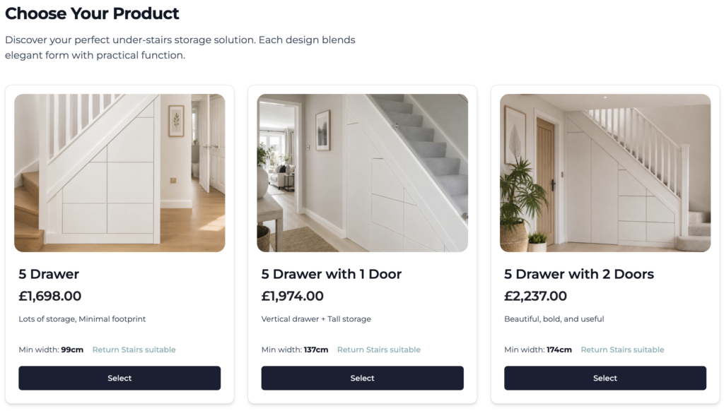 Pro Spaces product selector showing 5 Drawer at £1,698, 5 Drawer with 1 Door at £1,974 and 5 Drawer with 2 Doors at £2,237.