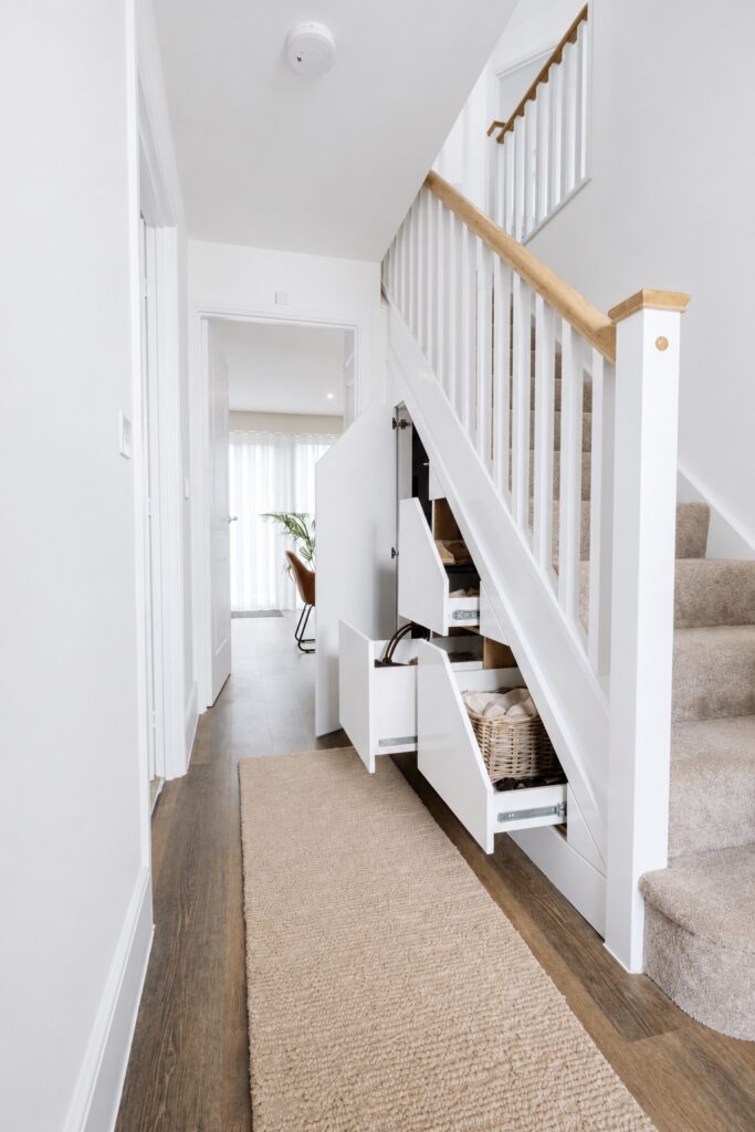 Bright white hallway with fitted under-stairs storage, open drawers and a tall cupboard